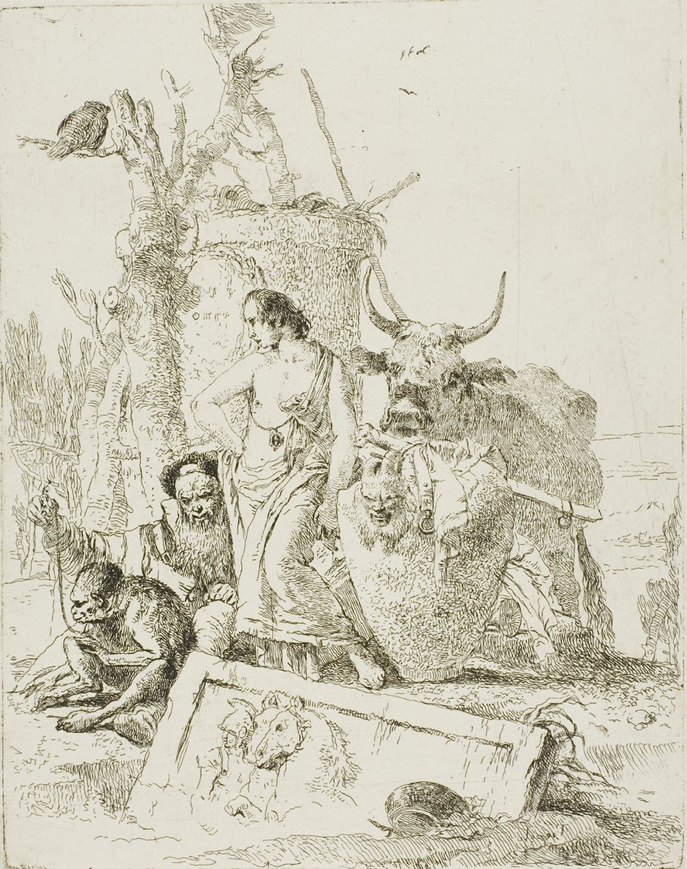 Jóvenes pastores y anciano con un mono, de Scherzi de Giambattista Tiepolo