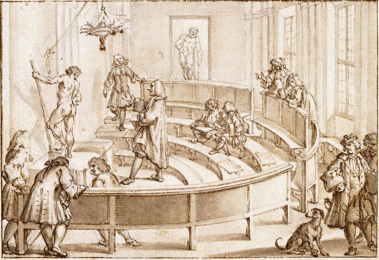 La Academia Clementina, Bolonia, con un desnudo siendo colocado por el maestro de dibujo, el Hércules Farnese al fondo (carboncillo negro, pluma y tinta marrón con aguada marrón). de Giampietro Zanotti