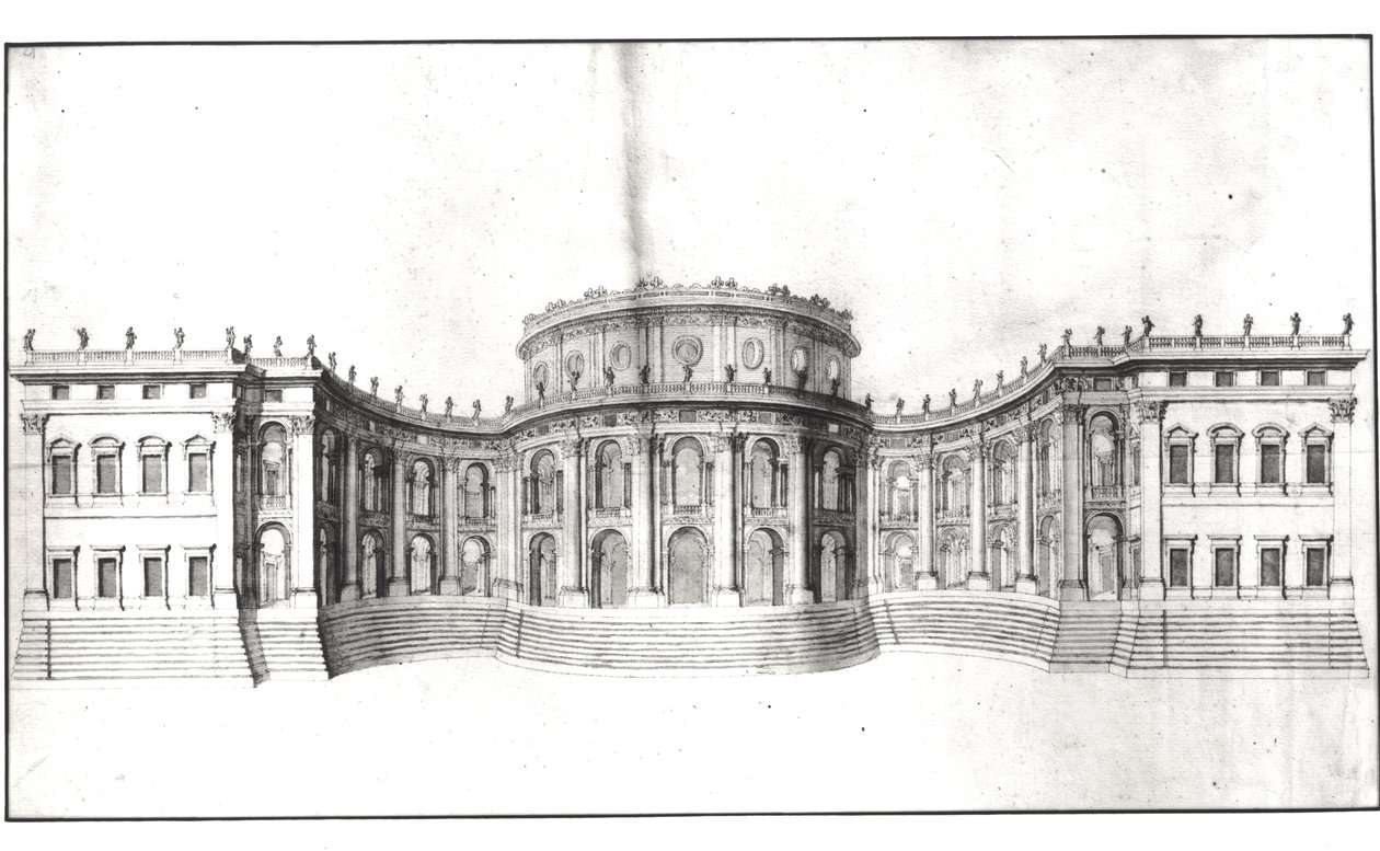 Primer proyecto para el Louvre, elevación de la fachada este, de 