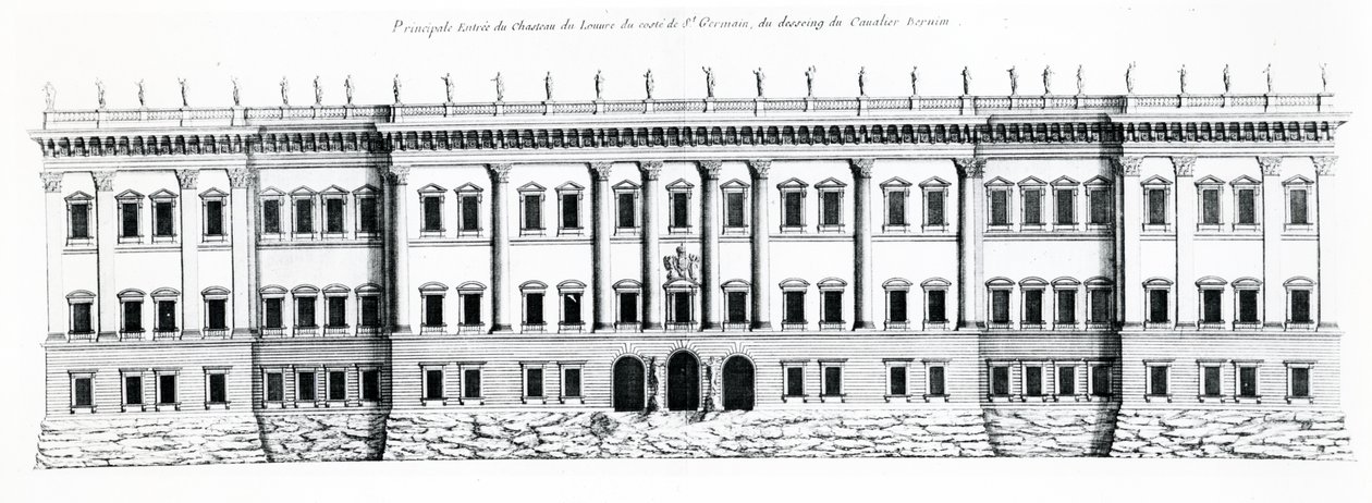 Tercer proyecto para el Palais du Louvre, París: Elevación de la Fachada Este y Entrada Principal al Palacio desde el lado de Saint Germain, 1665 de Gian Lorenzo Bernini