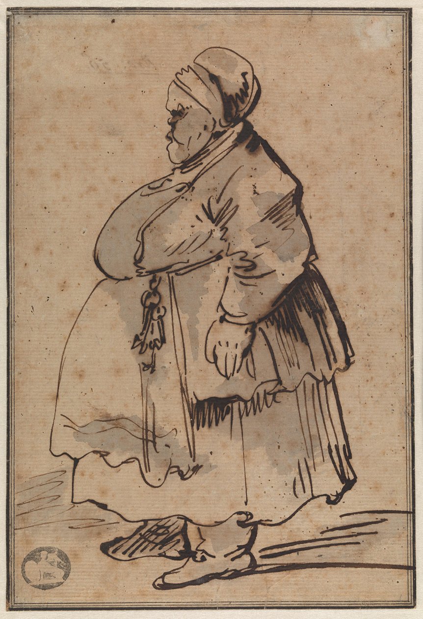 Caricatura de una mujer gorda de perfil hacia la izquierda, con un manojo de llaves atado a la cintura de su delantal, también llamada «la conserje» de Gian Lorenzo Bernini