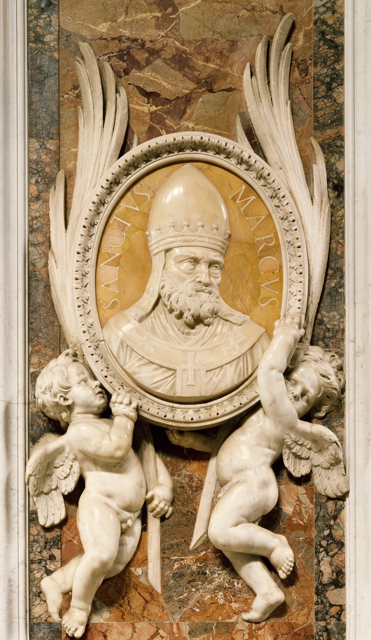 San Marcos, relieve de Gian Lorenzo Bernini, detalle de la decoración de mármol a lo largo de los pilares de la nave principal, Basílica de San Pedro, Roma, Ciudad del Vaticano de Gian Lorenzo Bernini