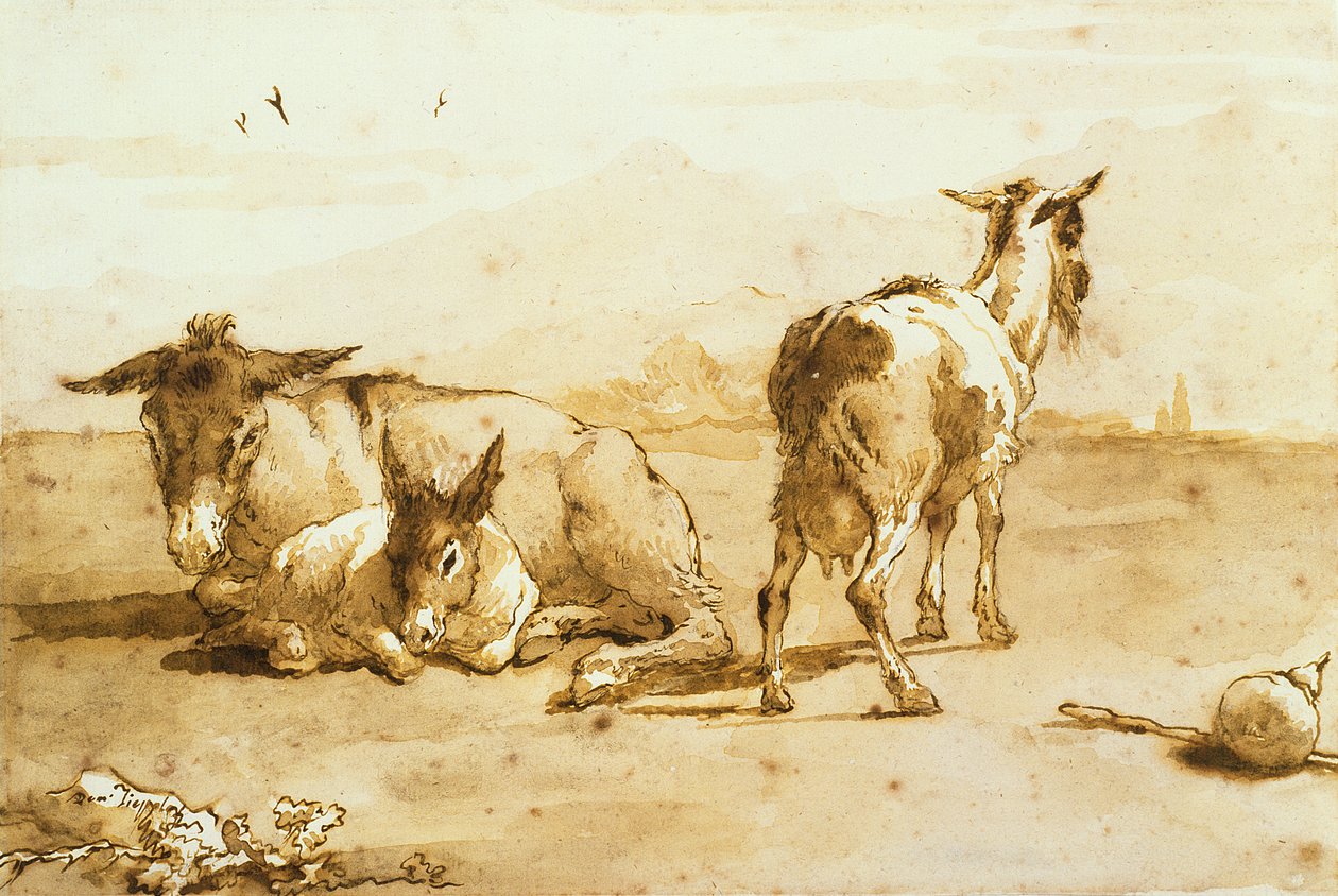 Dos burros y una cabra en un paisaje de Giovanni Domenico Tiepolo