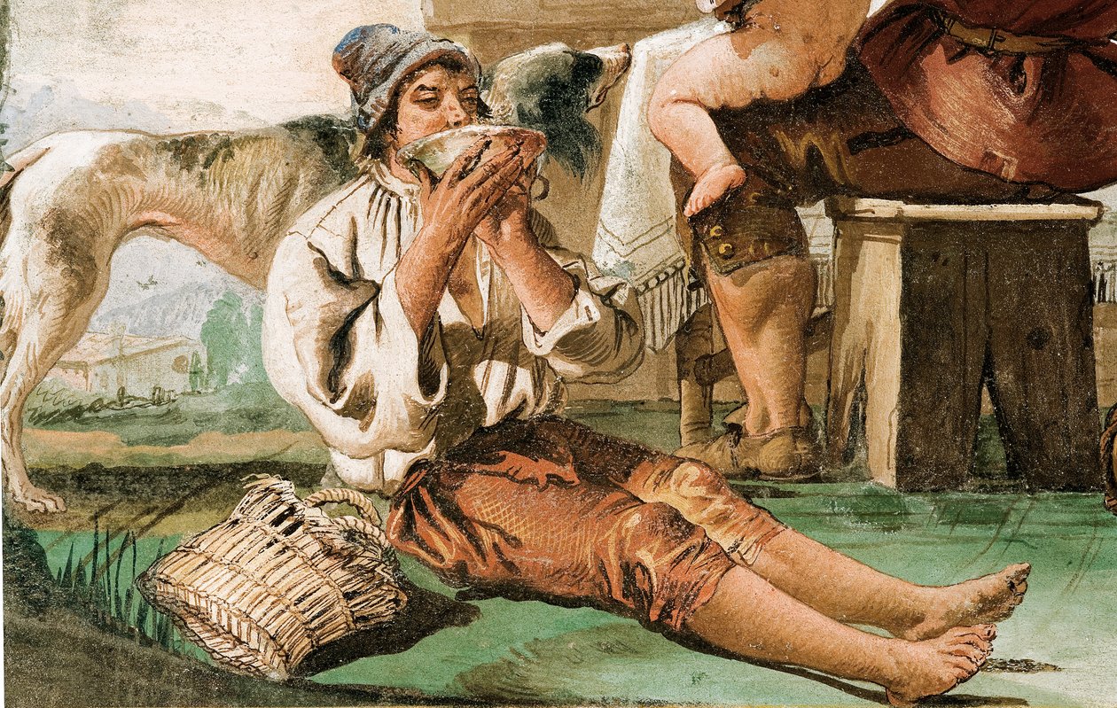 (detalle) de Familia campesina en la mesa, de la Sala de Escenas Rústicas, en la Foresteria, 1757 de Giovanni Domenico Tiepolo