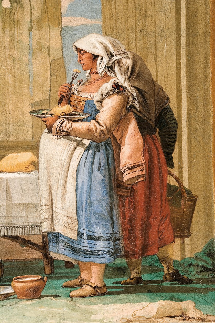 (detalle) de Familia campesina en la mesa, de la Sala de Escenas Rústicas, en la Foresteria, 1757 de Giovanni Domenico Tiepolo