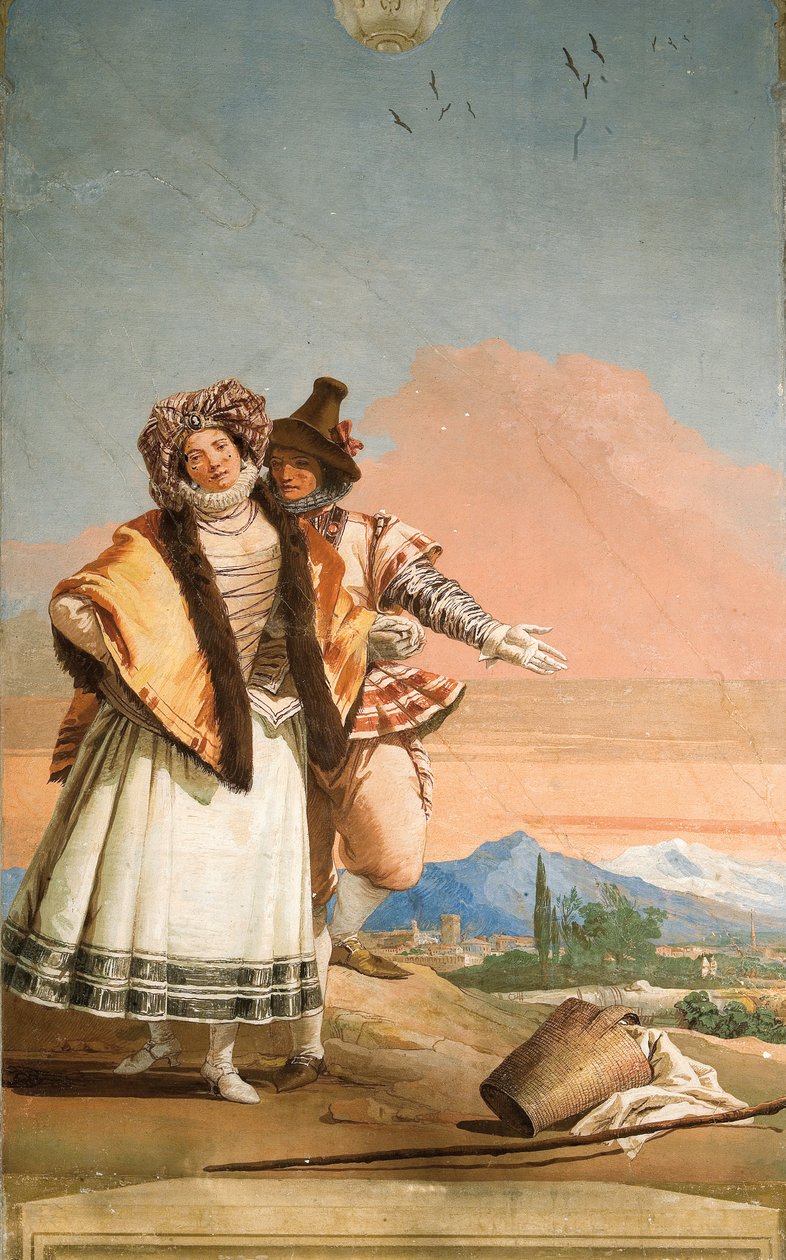 (detalle) de La declaración de amor, de la Sala del Pabellón Gótico, en la Foresteria, 1757 de Giovanni Domenico Tiepolo