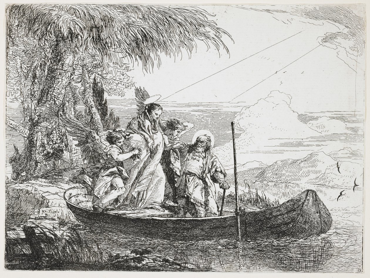 La Sagrada Familia entrando en el barco de La huida a Egipto, 1750-1753 de Giovanni Domenico Tiepolo