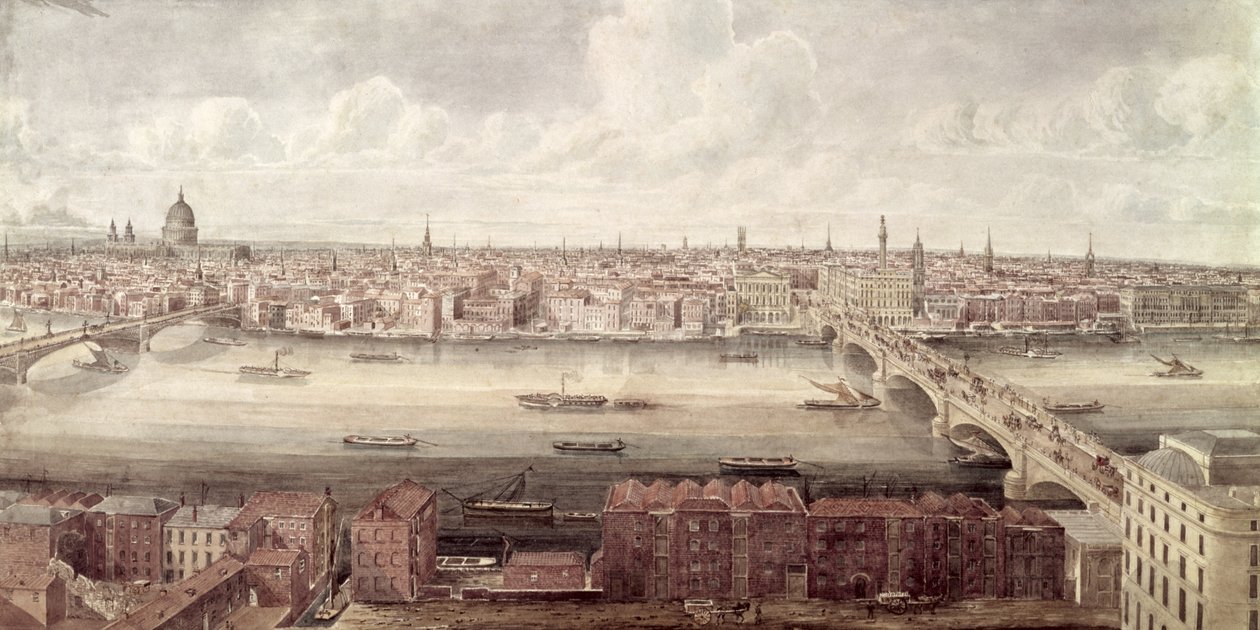 Vista panorámica de Londres mirando al norte entre el Puente de Southwark y el Puente de Londres, c.1831 de Gideon Yates