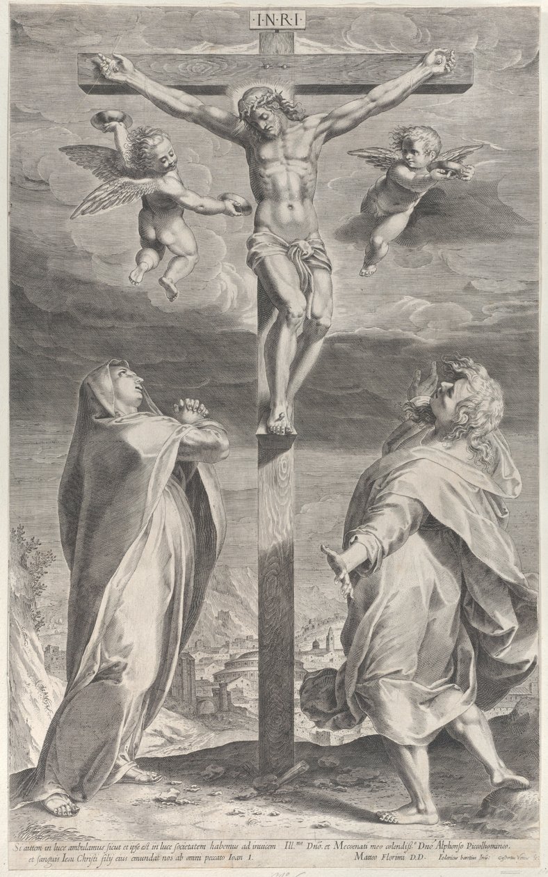 Crucifixión con la Virgen María y San Juan Evangelista, ángeles arriba, ca. 1593 de Gijsbert Van Veen