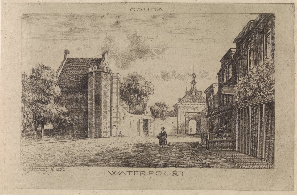 Vista del Waterpoort en Gouda de Gijsbertus Johannes Verspuy