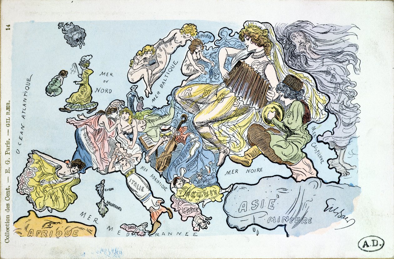Postal que representa los países de Europa como mujeres de Gil Baer