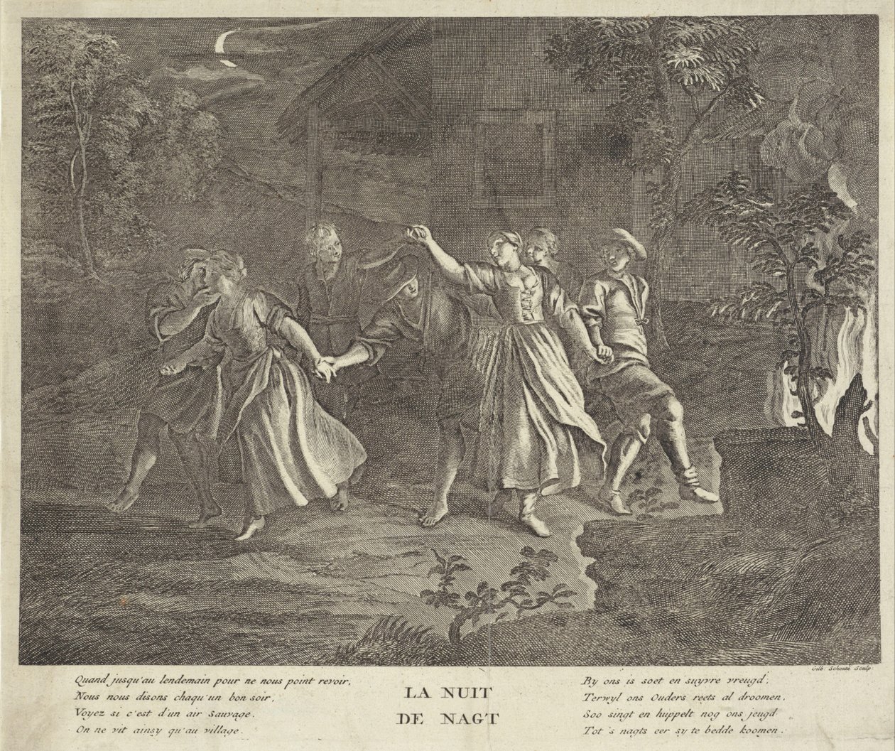 Noche: baile redondo de hombres y mujeres jóvenes La nuit / La noche (título sobre objeto) de Gilbert Schoute