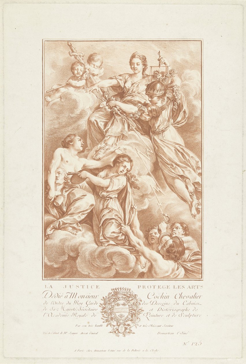 Alegoría con Justitia como patrona de las artes. La Justice protegida les arts (título sobre objeto) de Gilles Demarteau
