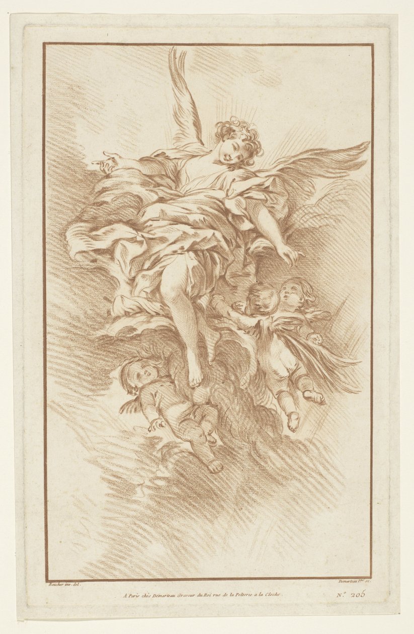 Ángel con tres amorcillos en las nubes de Gilles Demarteau