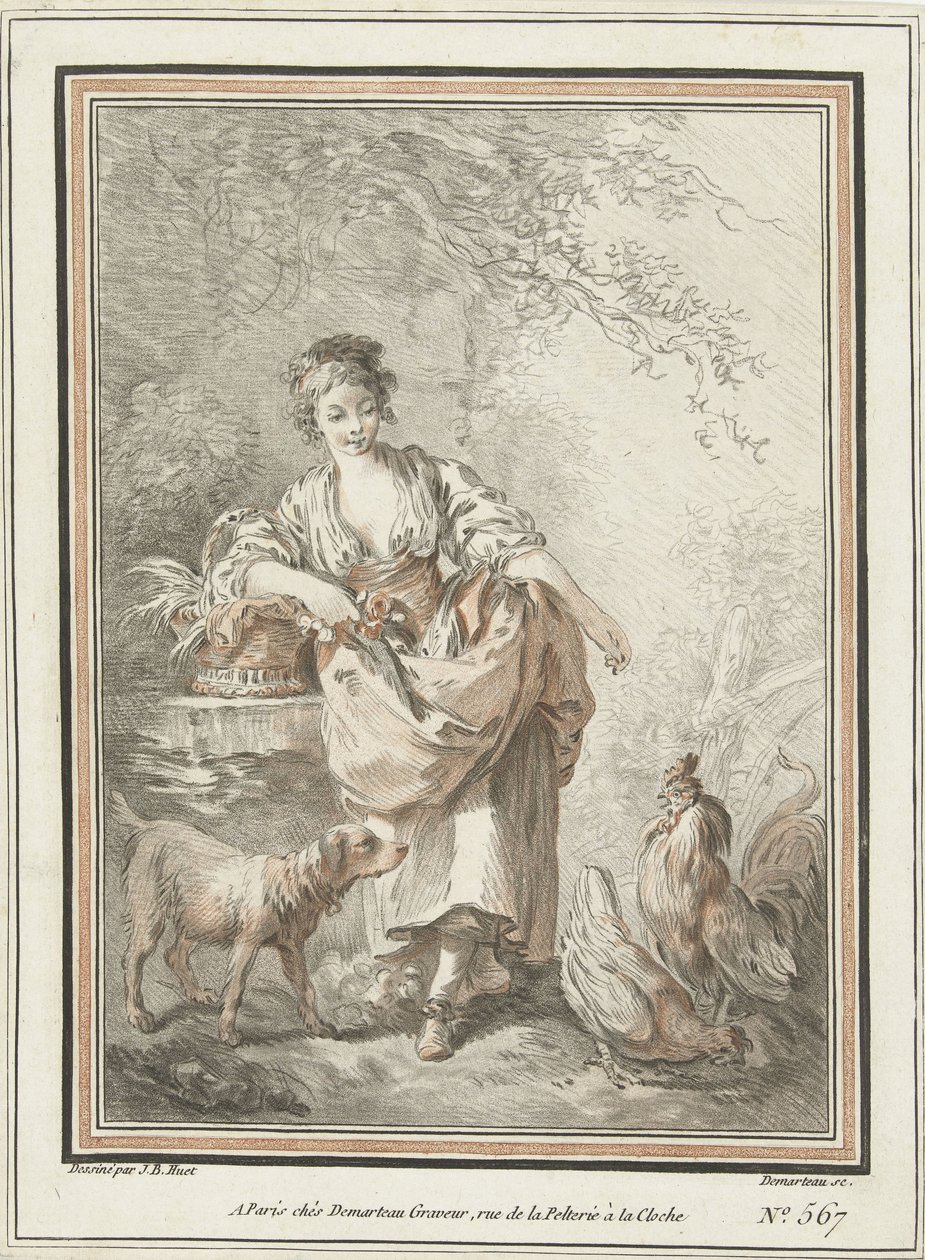mujer joven, con, perro, y, gallo, y, gallina de Gilles Demarteau