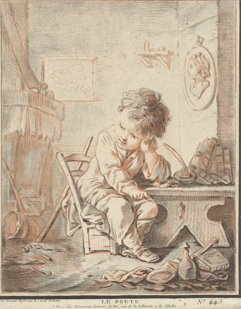 Niño como poeta en el trabajo en interior Le poete (título sobre objeto) de Gilles Demarteau