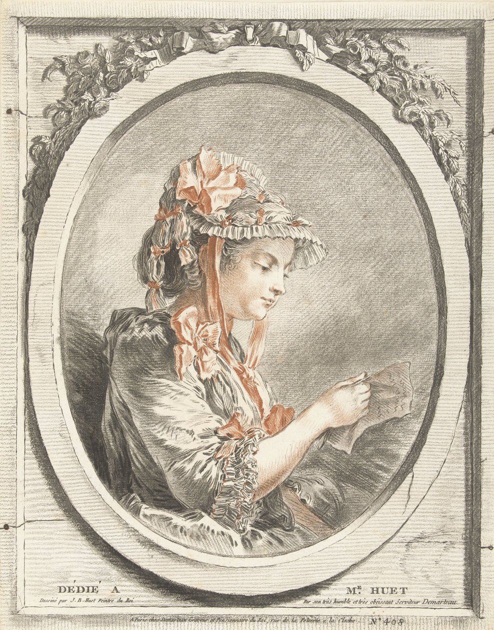 Mujer leyendo en ovalo de Gilles Demarteau