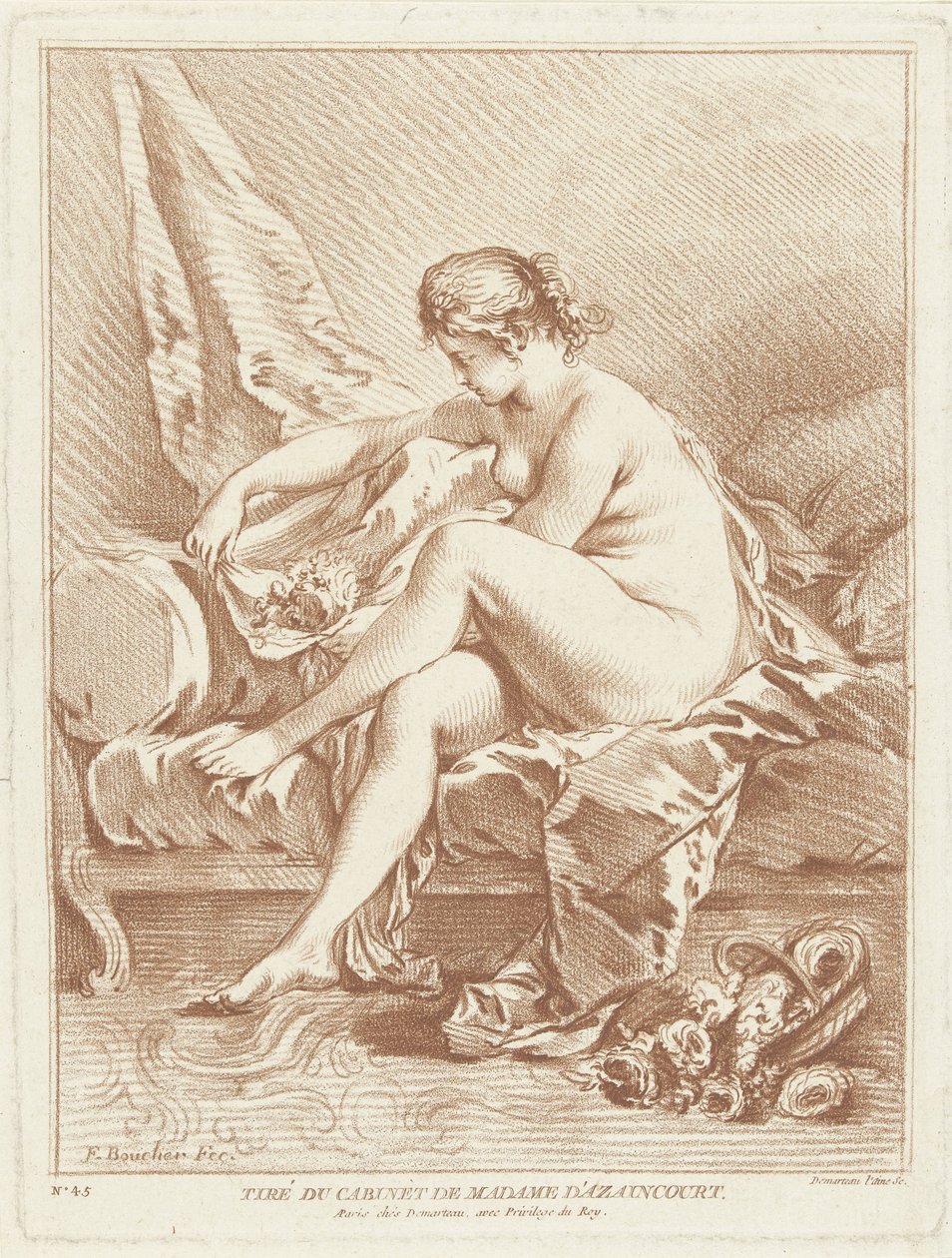 mujer desnuda, sentado, cama, con, flores de Gilles Demarteau