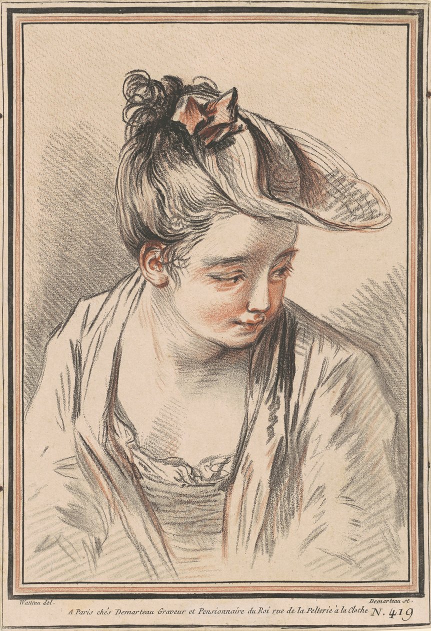 Cabeza de una Joven con Sombrero de Gilles Demarteau the Elder after Antoine Watteau