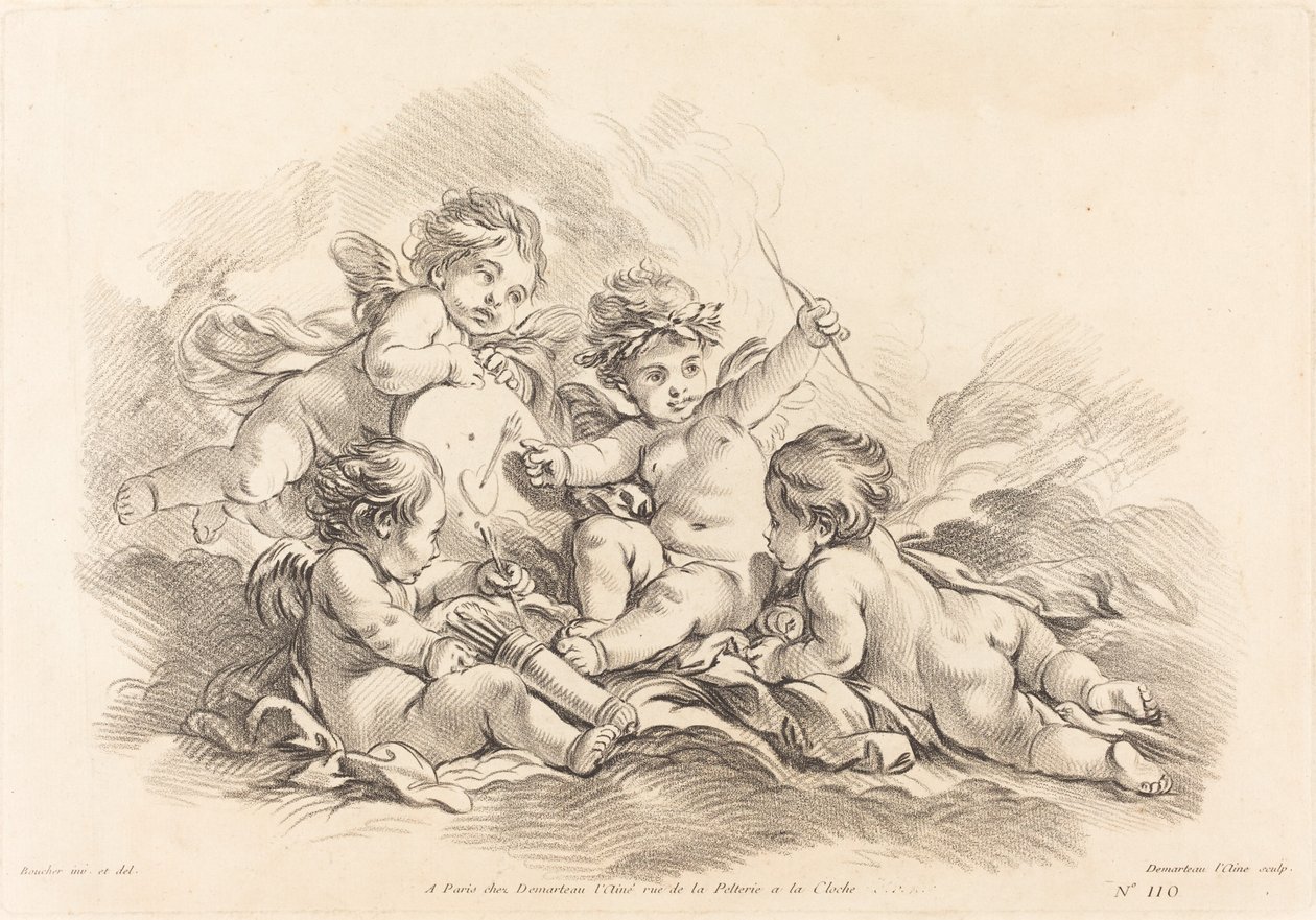 Cuatro querubines practicando tiro al blanco de Gilles Demarteau, the Elder after François Boucher
