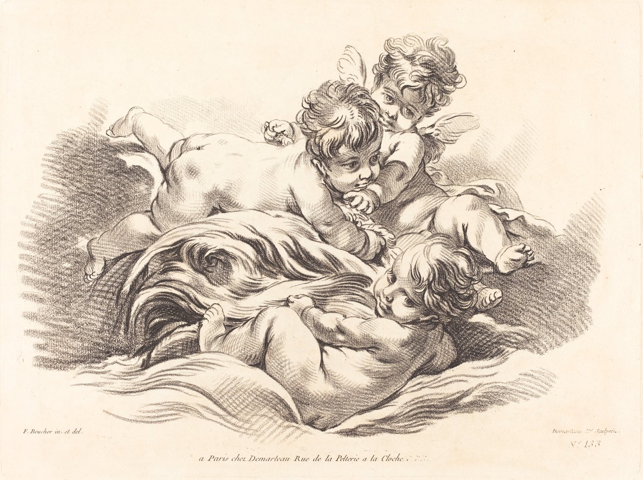 Tres querubines jugando en una ola como delfín de Gilles Demarteau, the Elder after François Boucher