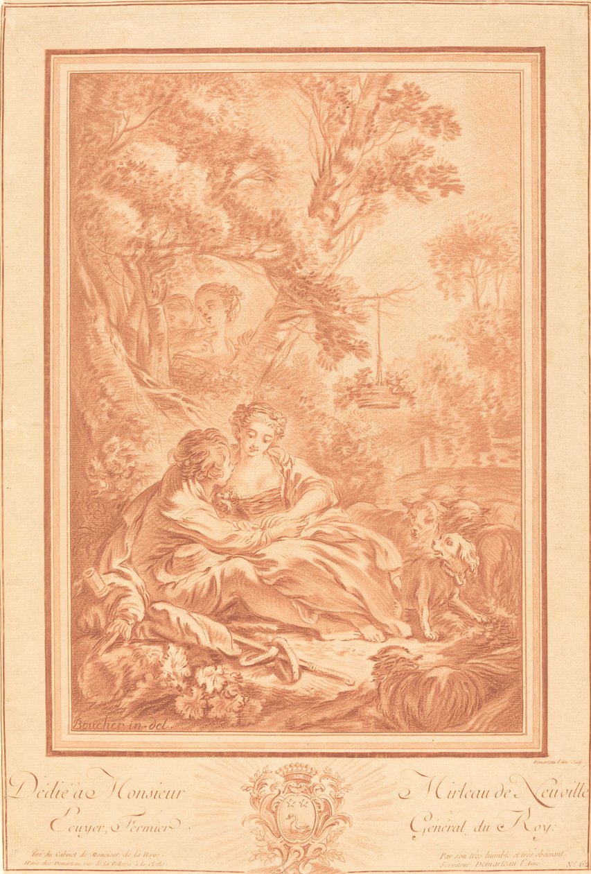 Dos amantes sentados al pie de un gran árbol, sorprendidos por dos chicas de Gilles Demarteau, the Elder after François Boucher
