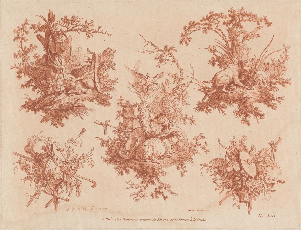 Cinco trofeos con temas de caza, amor y locura de Gilles Demarteau, the Elder, and Jean Baptiste Hüet