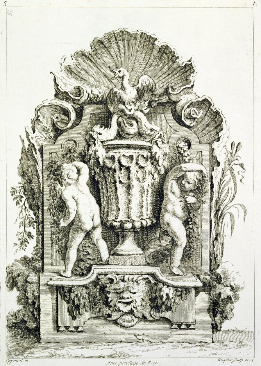 Placa de diseños, grabado por Huquier de Gilles Marie Oppenord