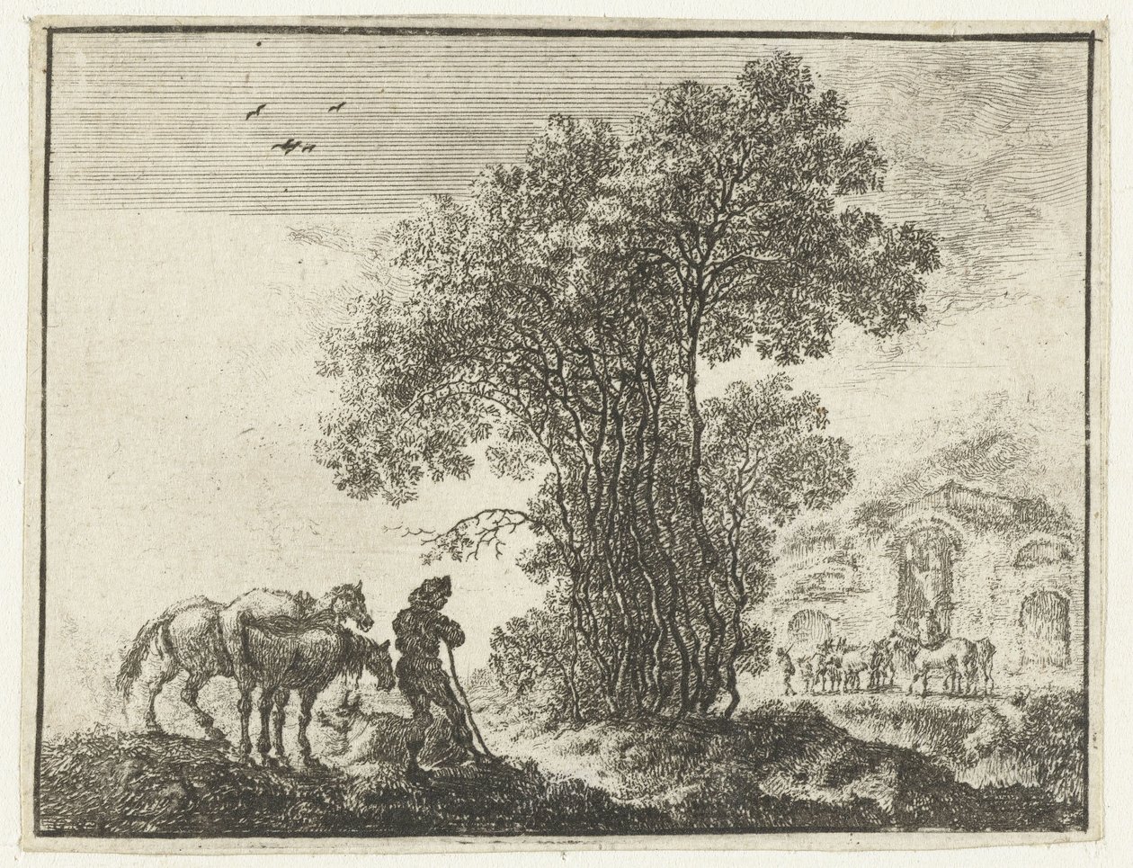 Paisaje con un granjero y dos caballos. de Gilles Neyts