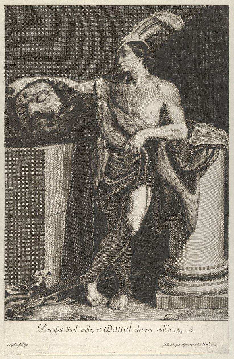 David de pie con las piernas cruzadas y sosteniendo la cabeza de Goliat en un pedestal, ca. 1635-45 de Gilles Rousselet