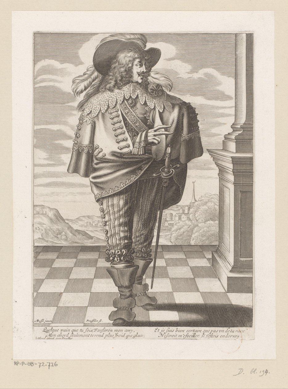 Noble de pie en una terraza, en el fondo un paisaje de Gilles Rousselet