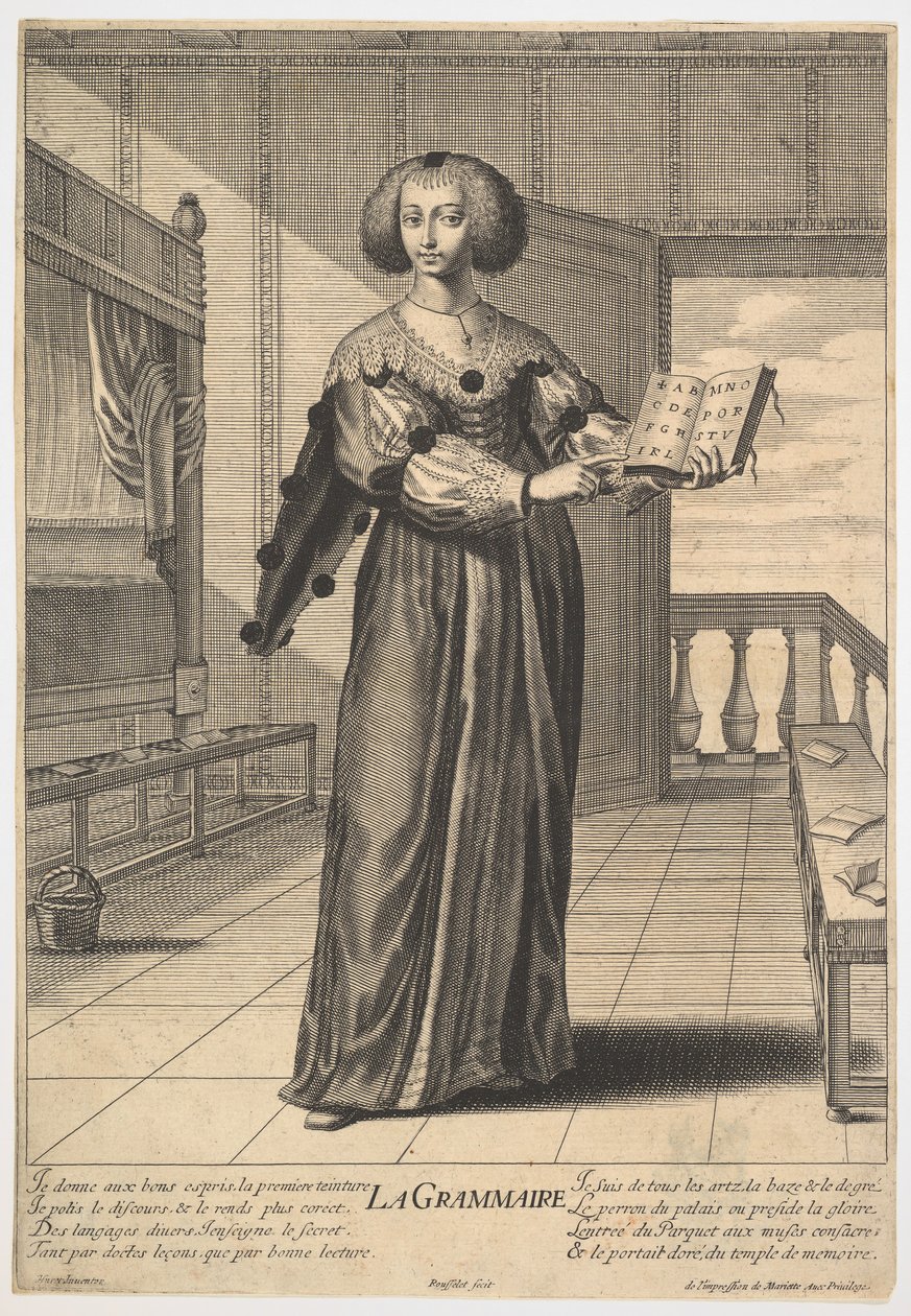 Gramática: una joven de pie en un interior decorado sosteniendo un libro abierto en su mano izquierda, 1633-35 de Gilles Rousselet