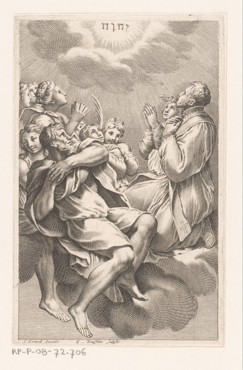 Grupo de hombres y mujeres en las nubes en adoración al Tetragrámaton de Gilles Rousselet
