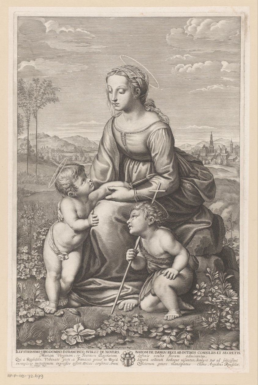 María con el niño y Juan el Bautista en un paisaje de pradera de Gilles Rousselet