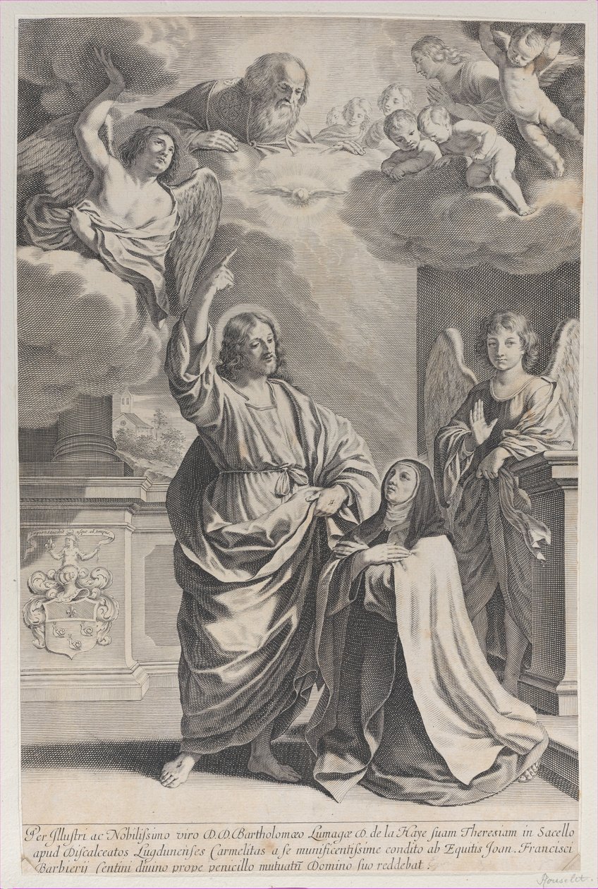 Santa Teresa rezando junto a Cristo, quien señala hacia Dios Padre, 1635-1700 de Gilles Rousselet
