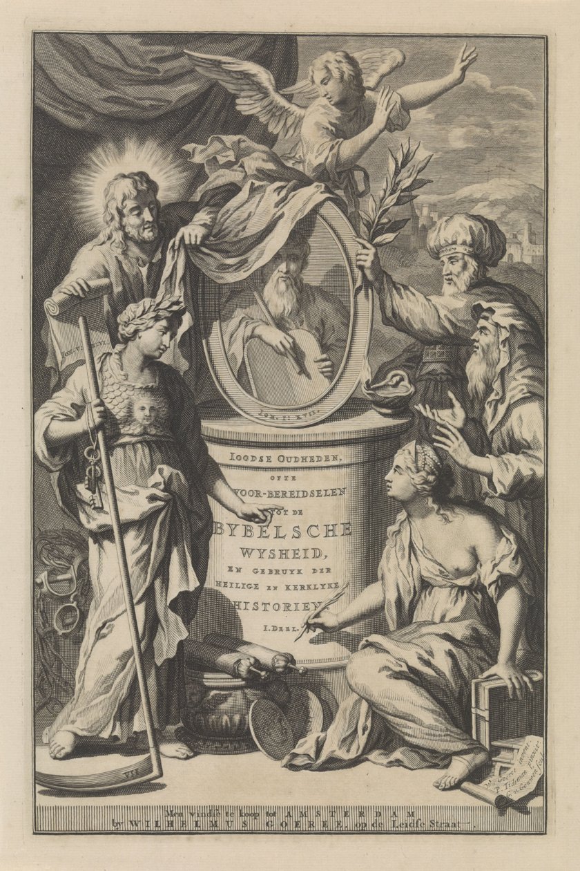Figuras bíblicas revelan el retrato de Moisés Portada de Wilhelmus Goeree, Preparaciones para la sabiduría bíblica y el uso de historias sagradas y eclesiásticas, 1690 de Gilliam van der Gouwen