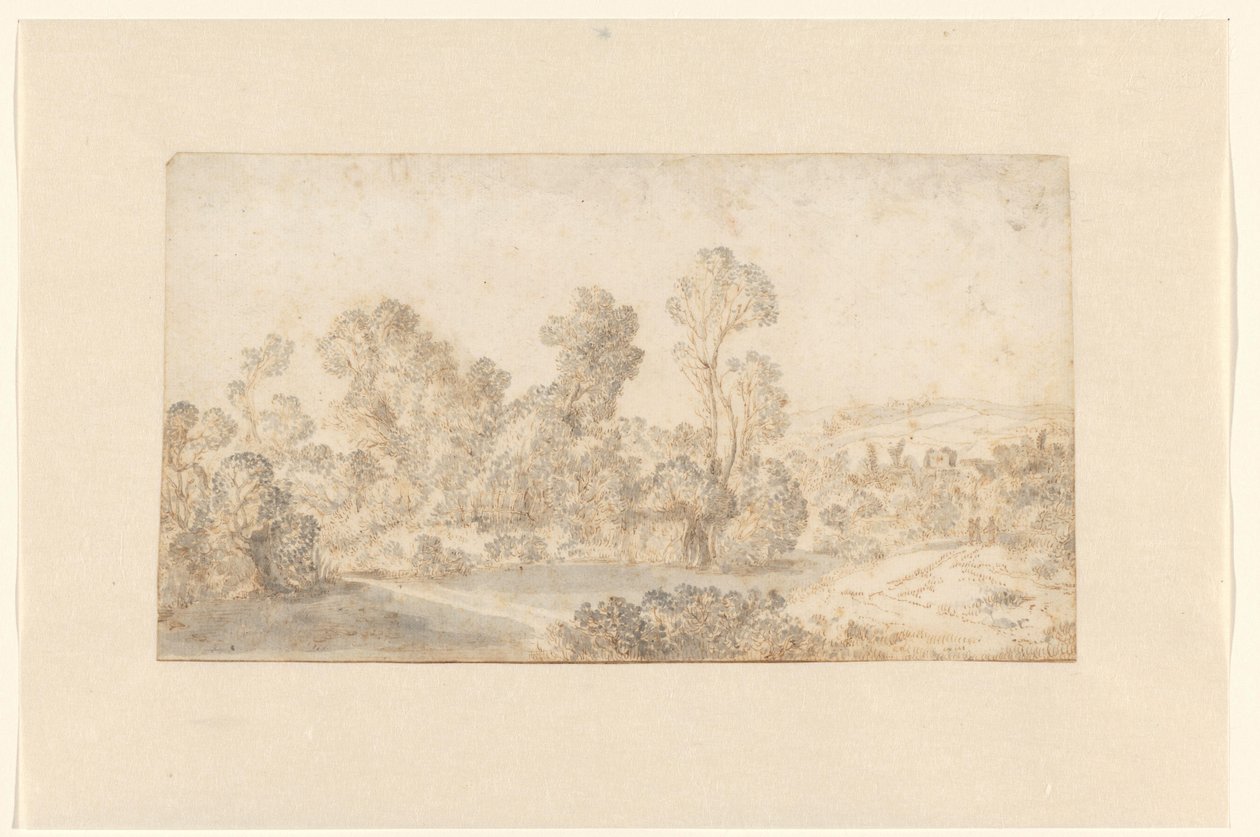 Paisaje de colinas con árboles altos a lo largo de un río de Gillis Claesz de Hondecoeter
