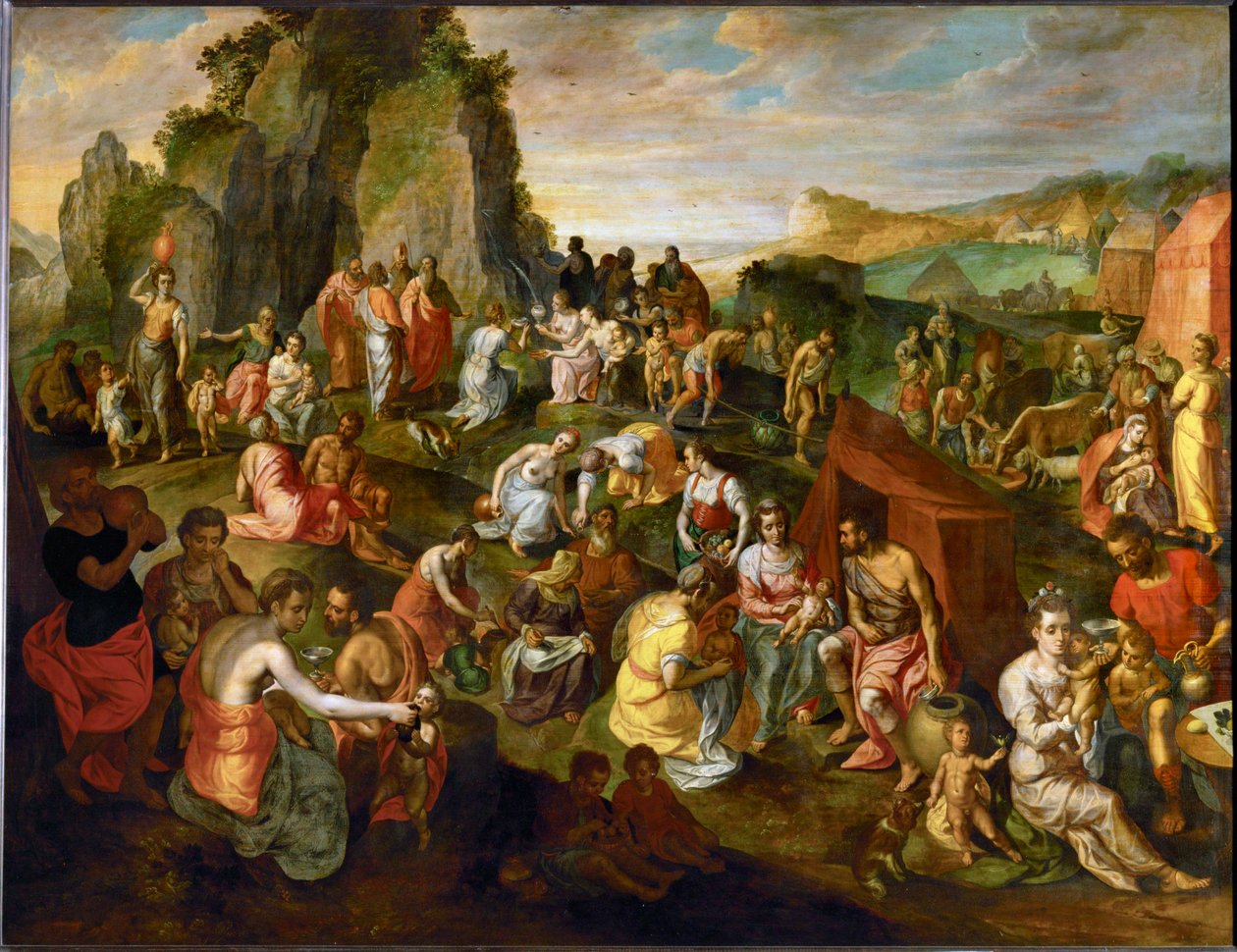 Moisés saca agua de la roca (pintura sobre madera de roble) de Gillis Mostaert