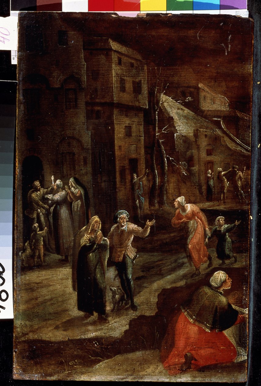 ""Street scene at night"" (Escena nocturna en un pueblo) Habitantes de una ciudad de Holanda que parecen huir de una amenaza, corren y buscan refugio en las casas, impresión de miedo y angustia. Pintura de Gillis Mostaert (1534-1598) Lviv, Museo de B de Gillis Mostaert