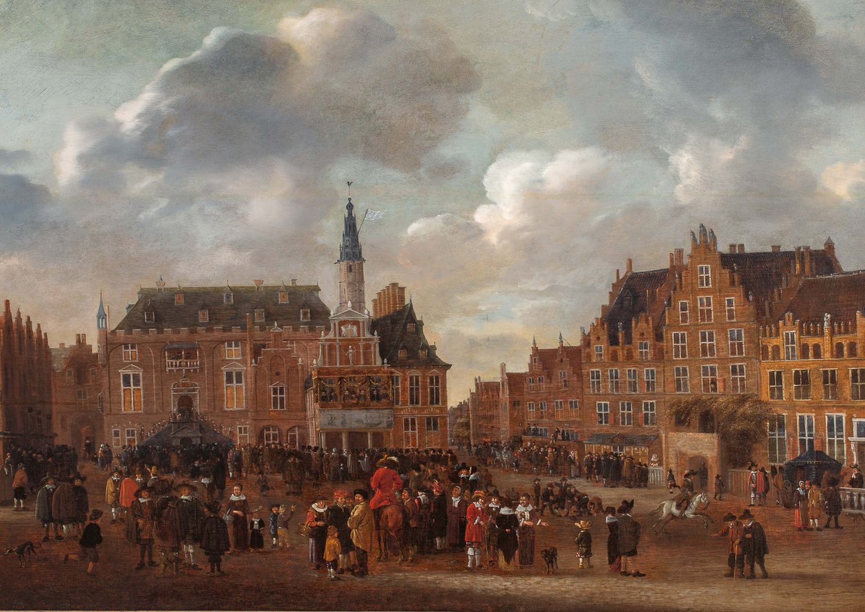 Anuncio del Tratado de Paz de Münster en 1648 desde el balcón del Ayuntamiento de Haarlem de Gillis Rombouts