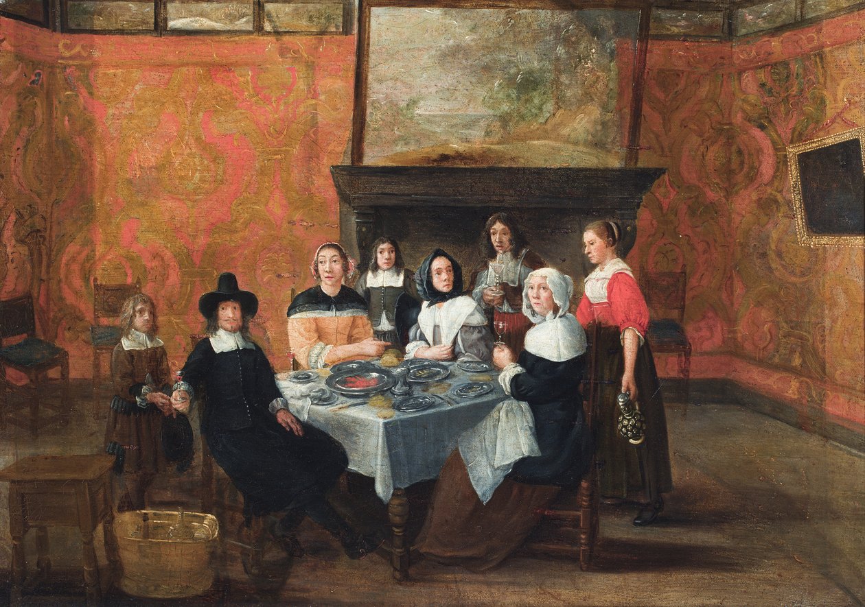 Un interior con una familia en una comida (óleo sobre lienzo) de Gillis van (circle of) Tilborgh