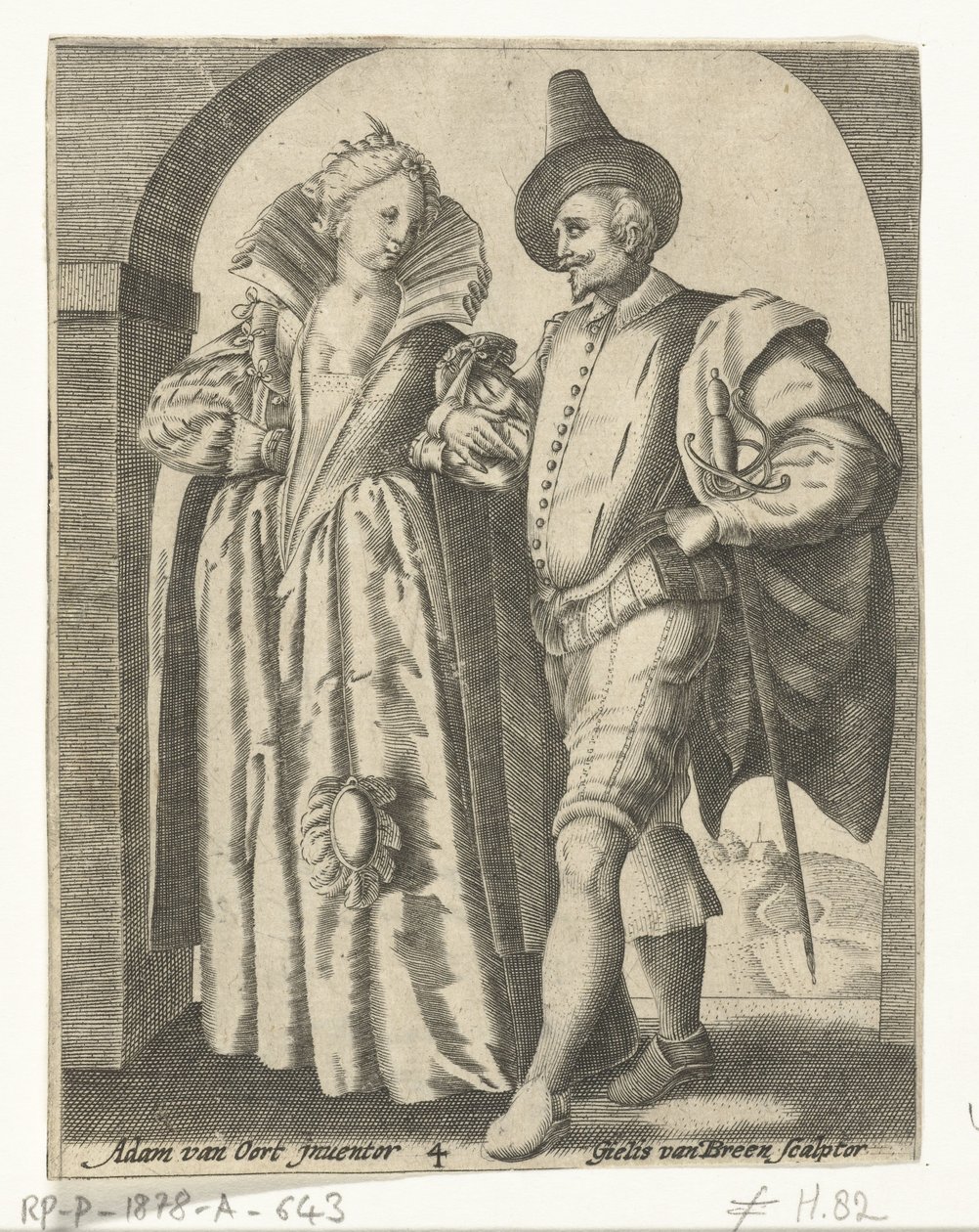 Hombre y mujer vestidos según la moda de 1590-1600 de Gillis van Breen
