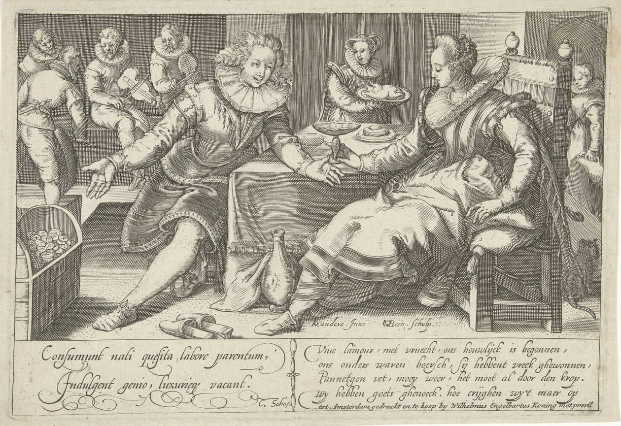 Despilfarro en el matrimonio Pareja elegante en la mesa de una habitación de Gillis van Breen