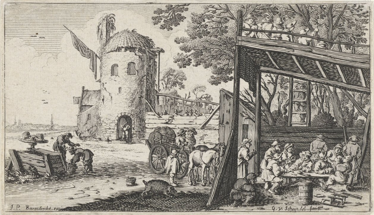 Agricultores alrededor de una mesa en un granero (el Sabor)
Paisajes con los cinco sentidos (título de la serie) de Gillis van Scheyndel (I)