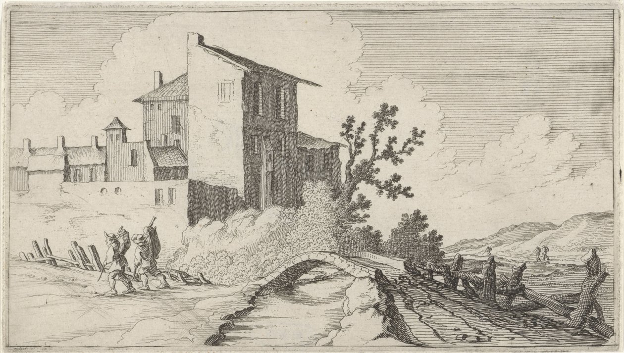 Puente frente a edificios amurallados Doce paisajes (título de la serie) de Gillis van Scheyndel (I)