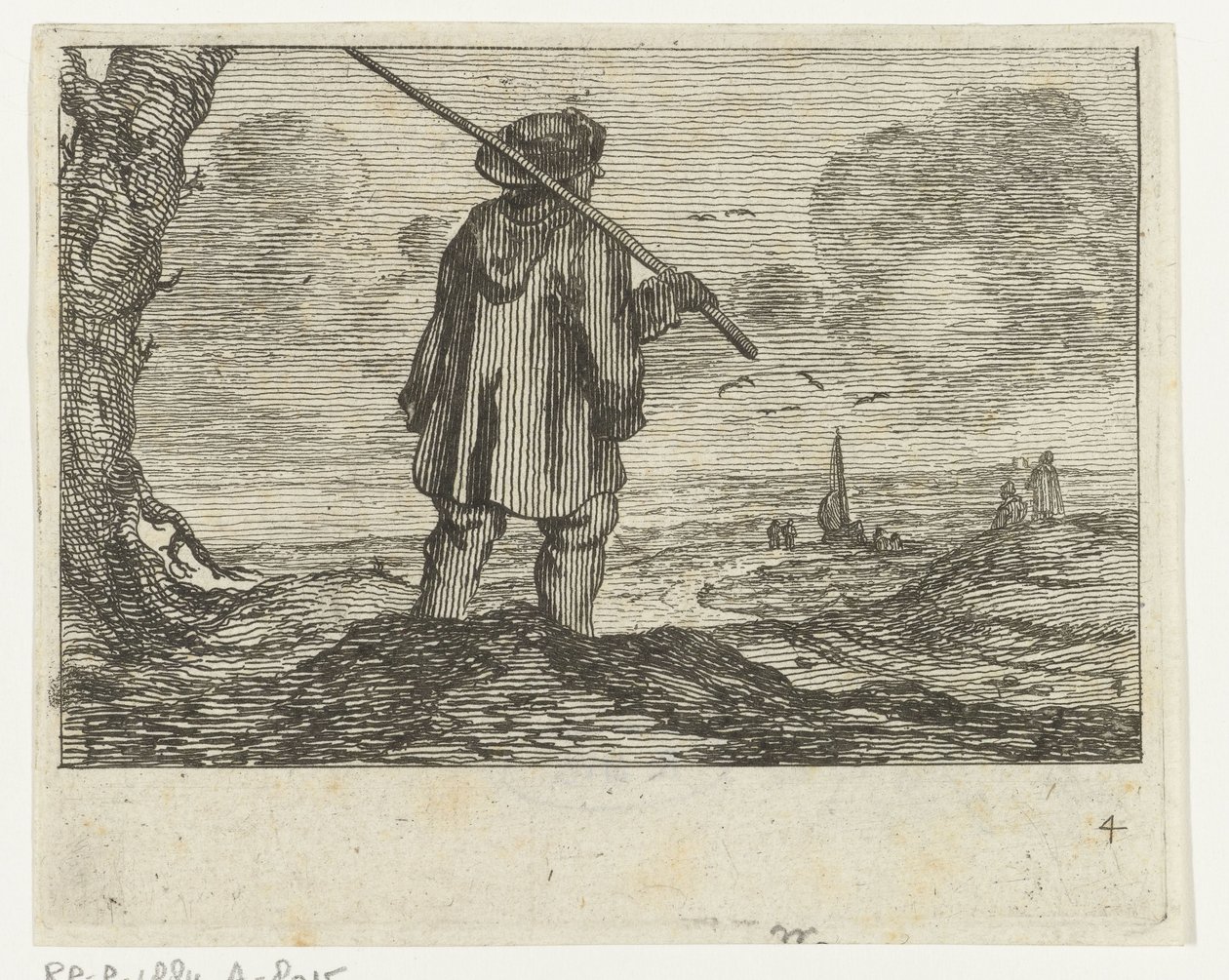Paisaje de dunas con un hombre, con un bastón al hombro. Playas de Verscheyden y vistas al agua realizadas por Jan Percelles (título de la serie) de Gillis van Scheyndel (I)