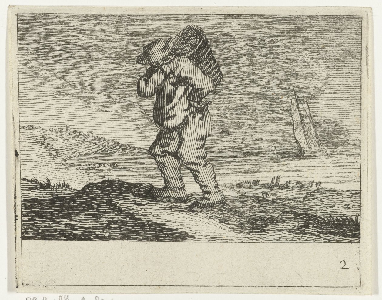 Paisaje de dunas con un pescador Playas de Verscheyden y vistas al agua realizadas por Jan Percelles (título de la serie) de Gillis van Scheyndel (I)