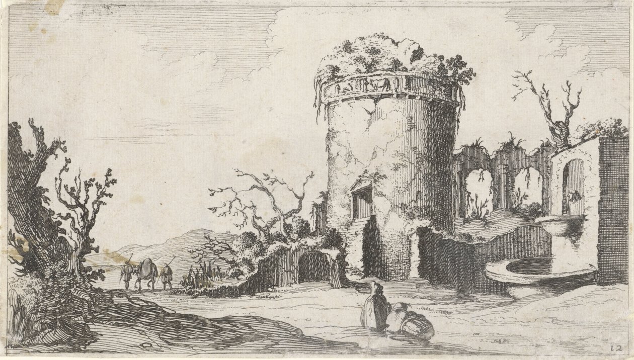 Fuente en ruinas con una torre redonda Doce paisajes (título de la serie) de Gillis van Scheyndel (I)