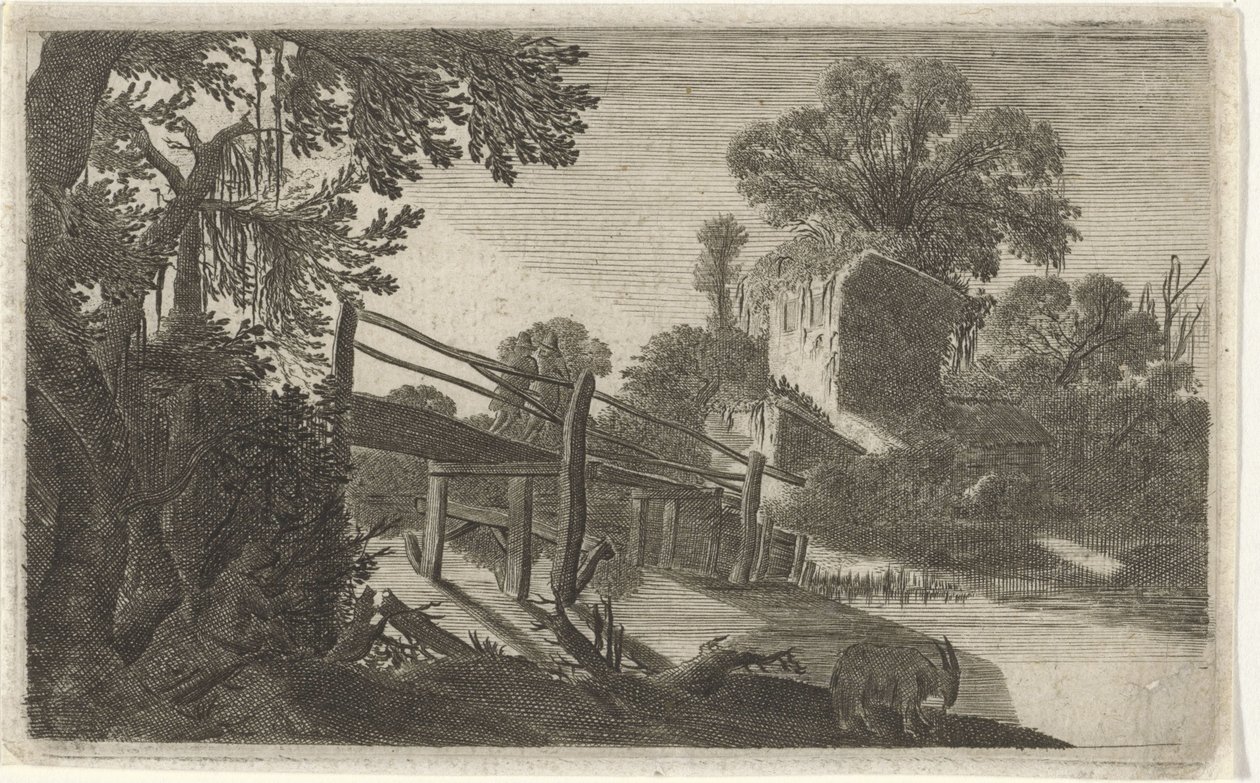 Puente de madera en una ruina Seis paisajes (título de la serie) de Gillis van Scheyndel (I)