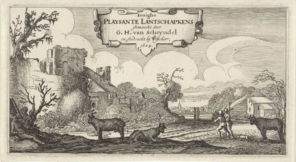 Impresión de título de doce paisajes con figuras. Eenighe Playsante Lantschapkens (título sobre el objeto) Doce paisajes con figuras (título de serie) de Gillis van Scheyndel (I)
